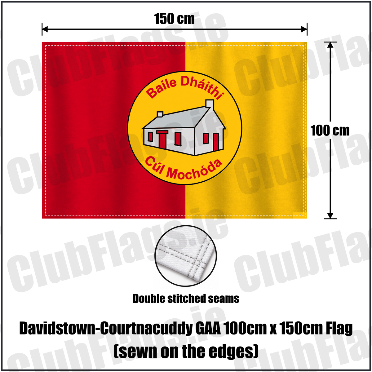 Davidstown-Courtnacuddy GAA 100cm x 150cm Flag (sewn on the edges), featuring the club crest and red and yellow colours; County Wexford GAA. ClubFlags.ie.
