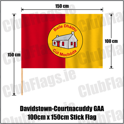 Davidstown-Courtnacuddy GAA 100cm x 150cm Stick Flag, featuring the club crest and red and yellow colours; County Wexford GAA. ClubFlags.ie.