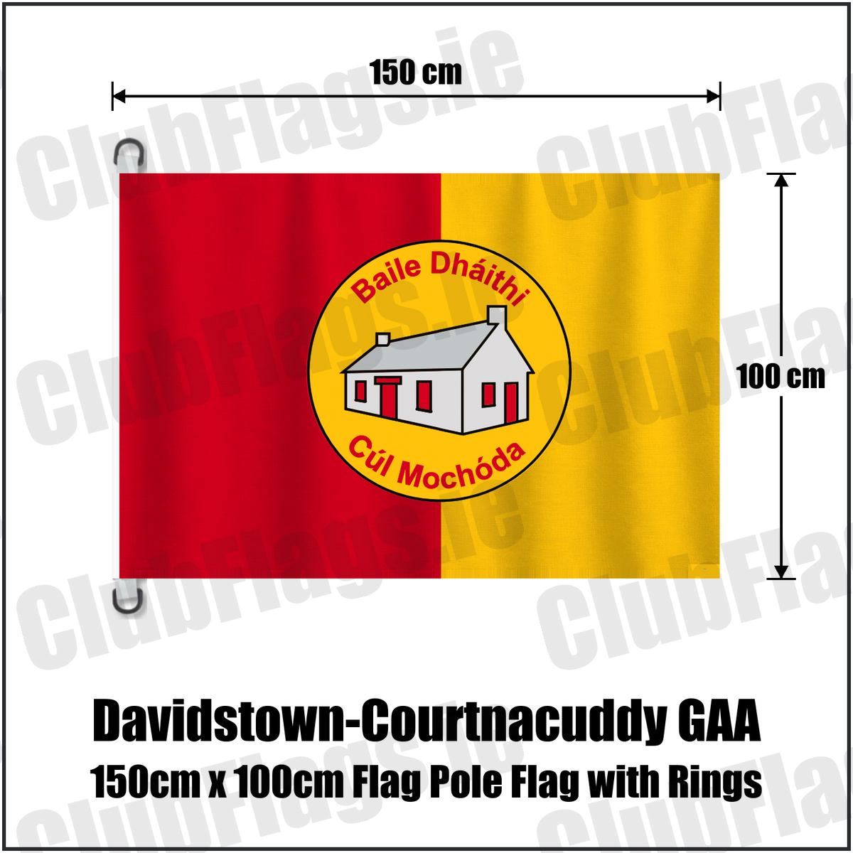 Davidstown-Courtnacuddy GAA 150cm x 100cm Flag Pole Flag with Rings, featuring the club crest and red and yellow colours; County Wexford GAA. ClubFlags.ie.