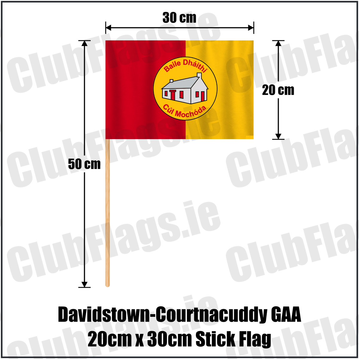 Davidstown-Courtnacuddy GAA 20cm x 30cm Stick Flag, featuring the club crest and red and yellow colours; County Wexford GAA. ClubFlags.ie.