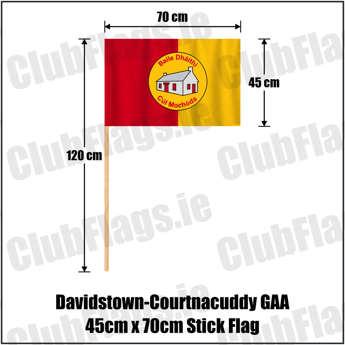 Davidstown-Courtnacuddy GAA 45cm x 70cm Stick Flag, featuring the club crest and red and yellow colours; County Wexford GAA. ClubFlags.ie.