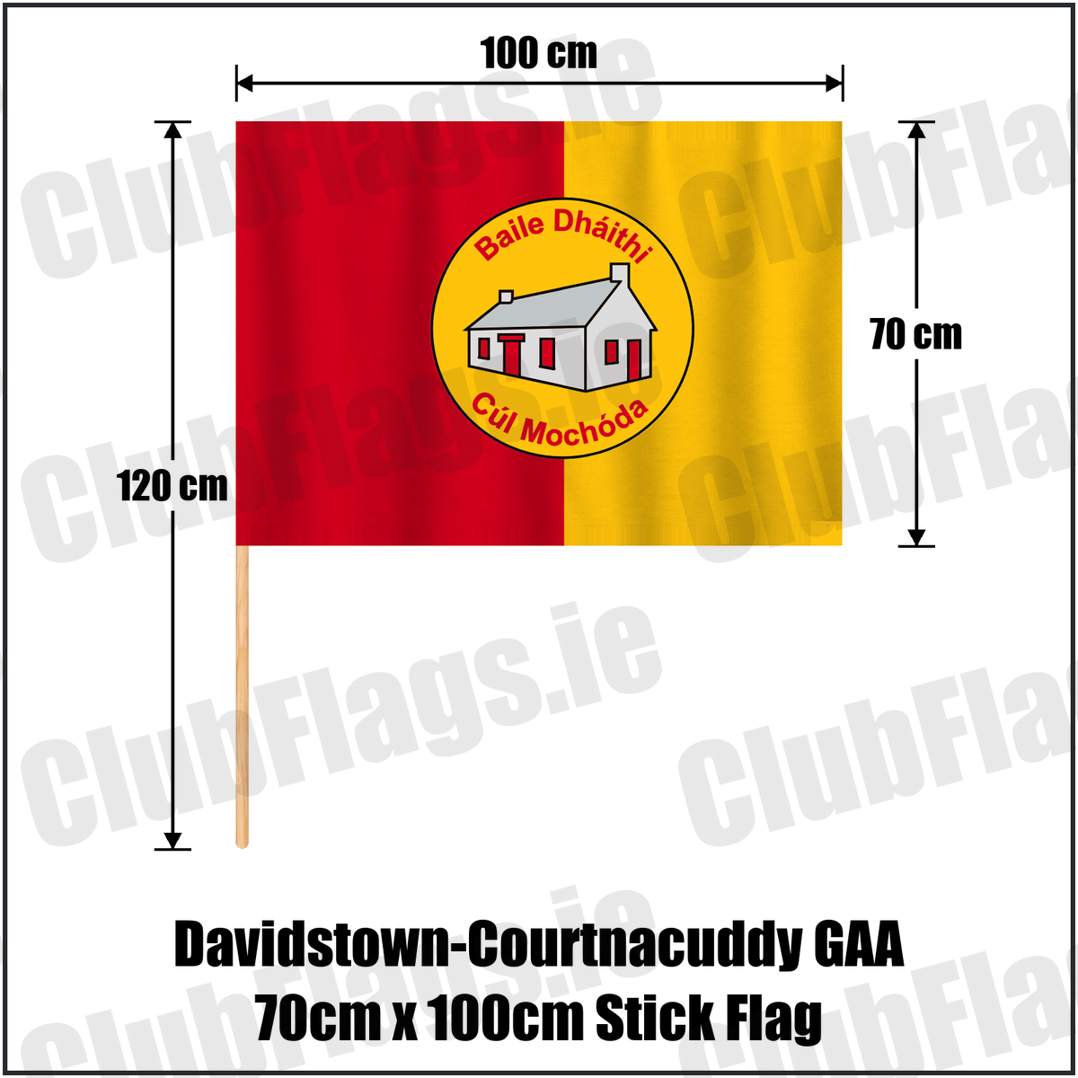 Davidstown-Courtnacuddy GAA 70cm x 100cm Stick Flag, featuring the club crest and red and yellow colours; County Wexford GAA. ClubFlags.ie.