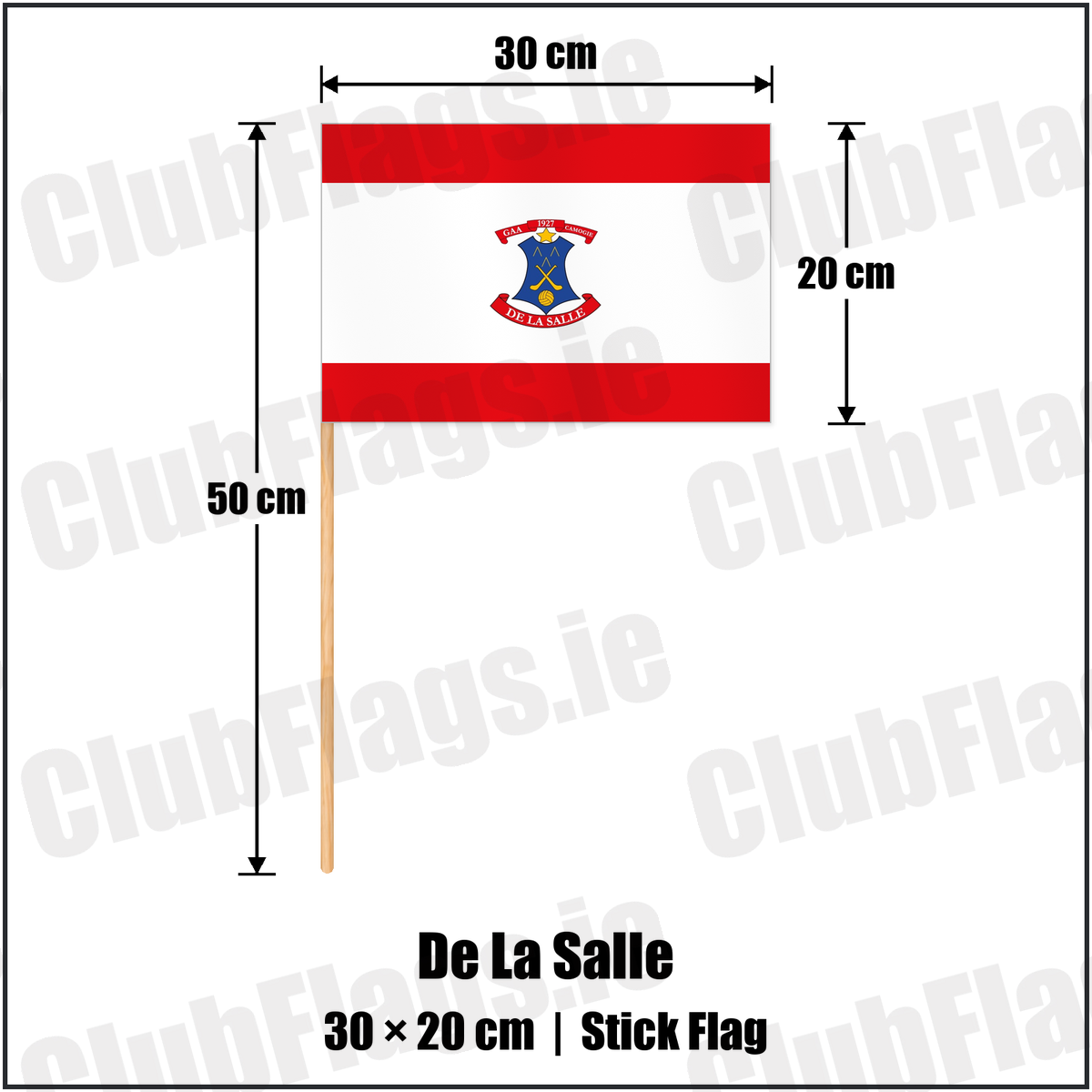 De La Salle 20cm x 30cm Stick Flag with the club crest and colours, Waterford GAA - ClubFlags.ie