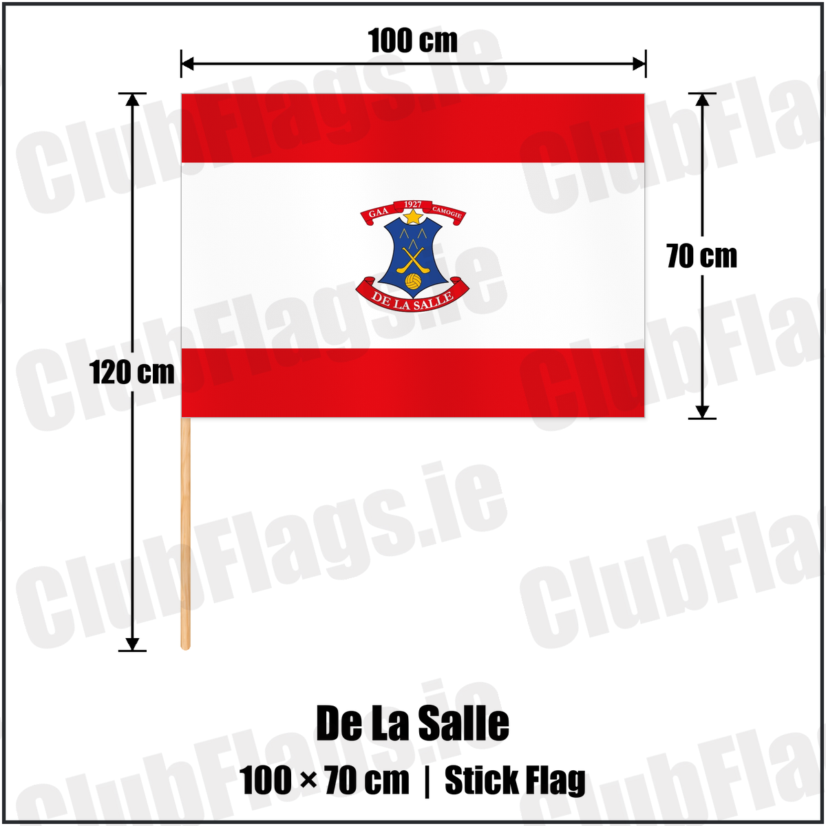 De La Salle 70cm x 100cm Stick Flag with the club crest and colours, Waterford GAA - ClubFlags.ie