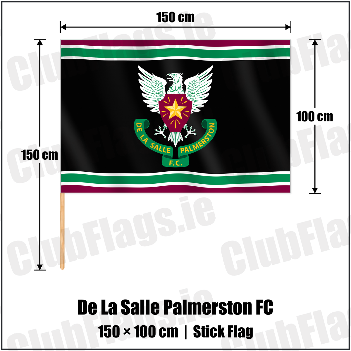 De La Salle Palmerston FC 100cm x 150cm Stick Flag with the club crest and colours, Dublin Rugby - ClubFlags.ie