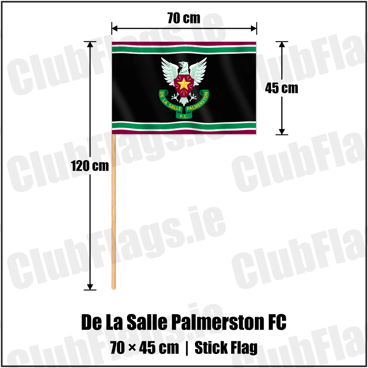 De La Salle Palmerston FC 45cm x 70cm Stick Flag with the club crest and colours, Dublin Rugby - ClubFlags.ie