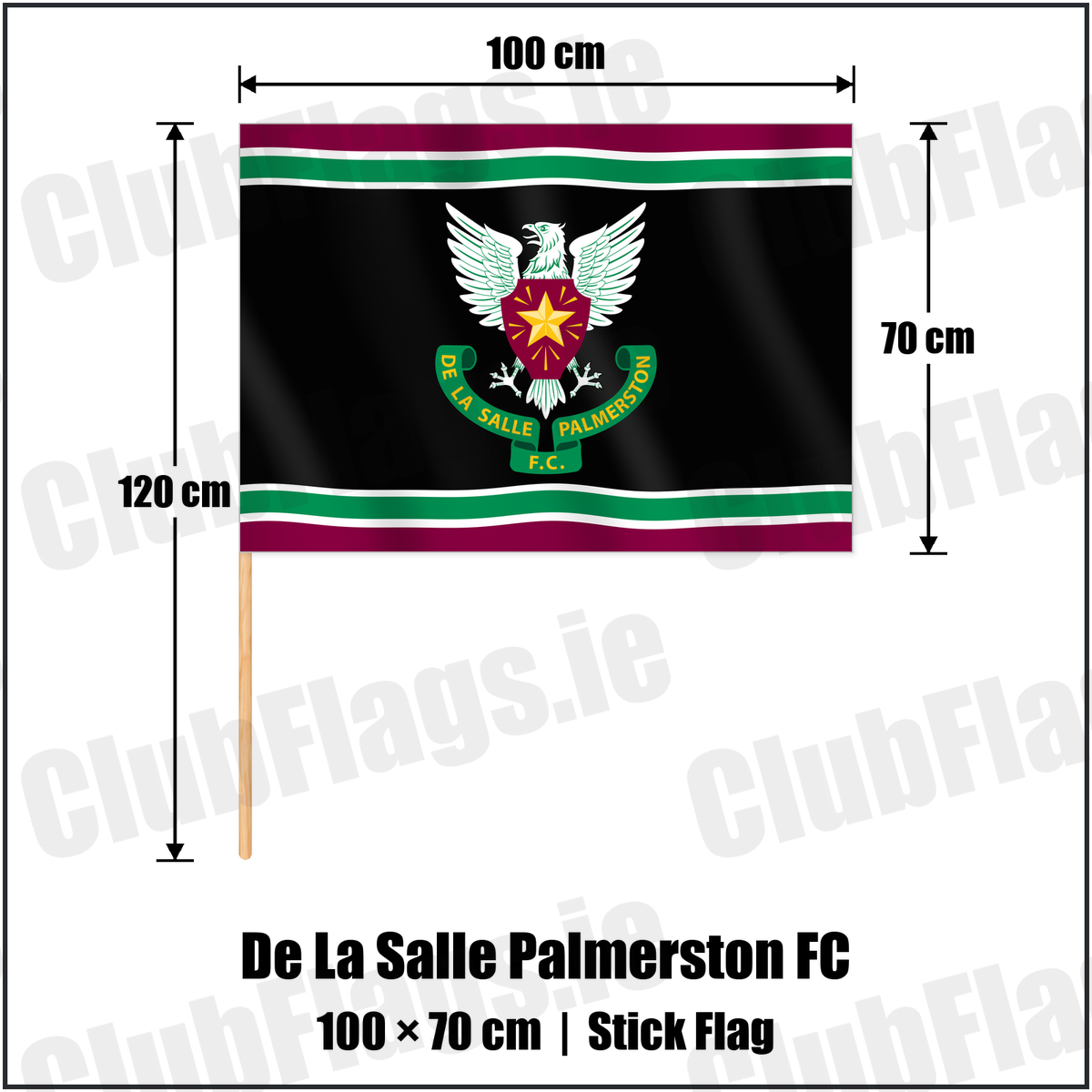 De La Salle Palmerston FC 70cm x 100cm Stick Flag with the club crest and colours, Dublin Rugby - ClubFlags.ie