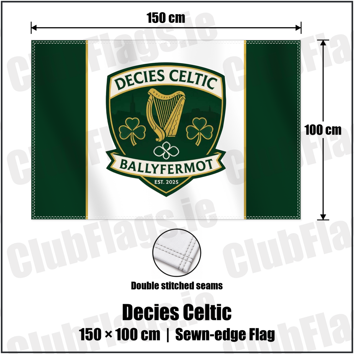 Decies Celtic 100cm x 150cm Flag (sewn on the edges) with the club crest and colours, Dublin Football - ClubFlags.ie