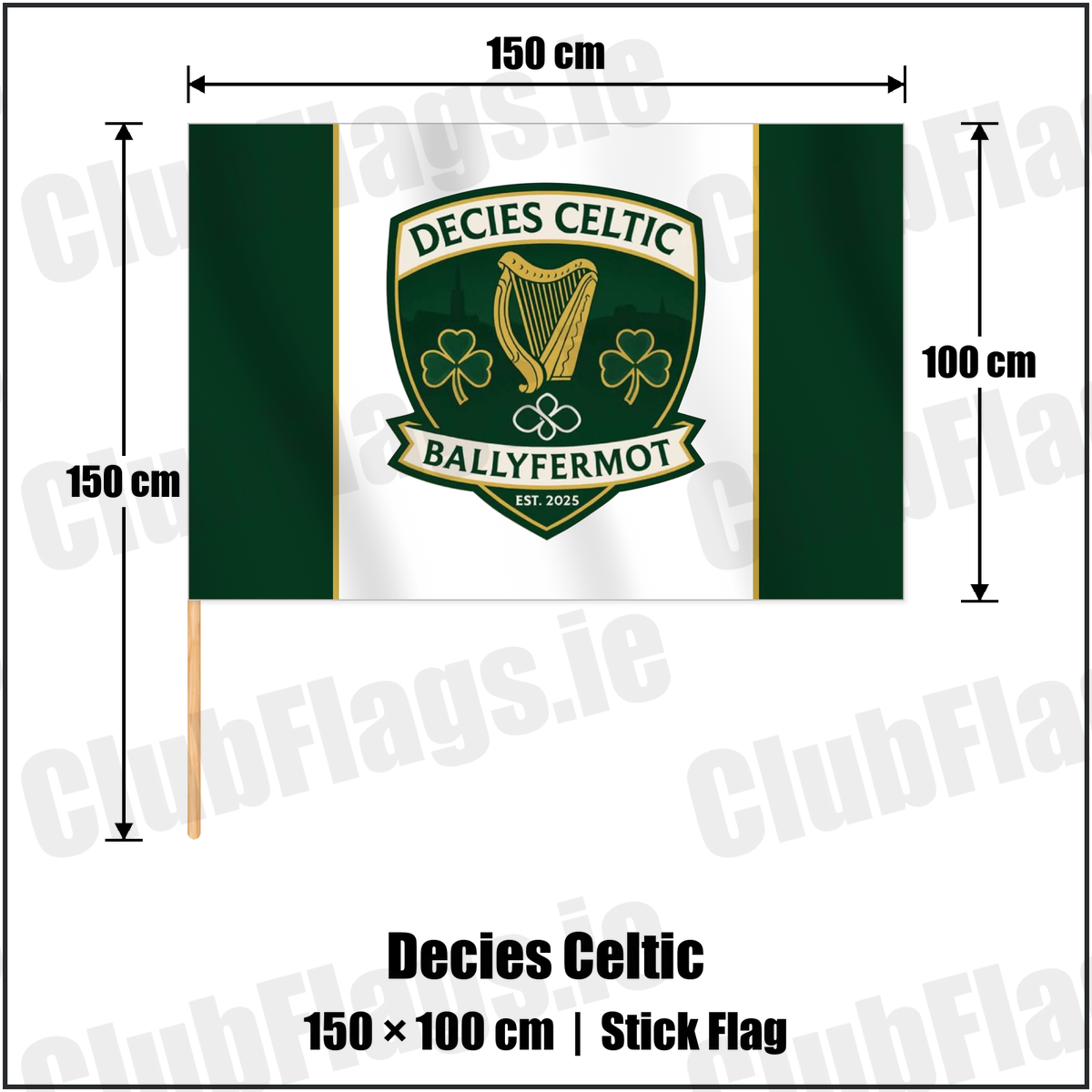 Decies Celtic 100cm x 150cm Stick Flag with the club crest and colours, Dublin Football - ClubFlags.ie