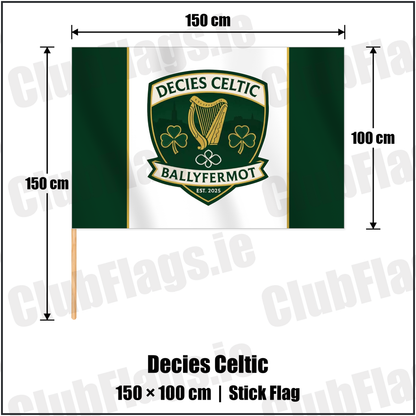 Decies Celtic 100cm x 150cm Stick Flag with the club crest and colours, Dublin Football - ClubFlags.ie