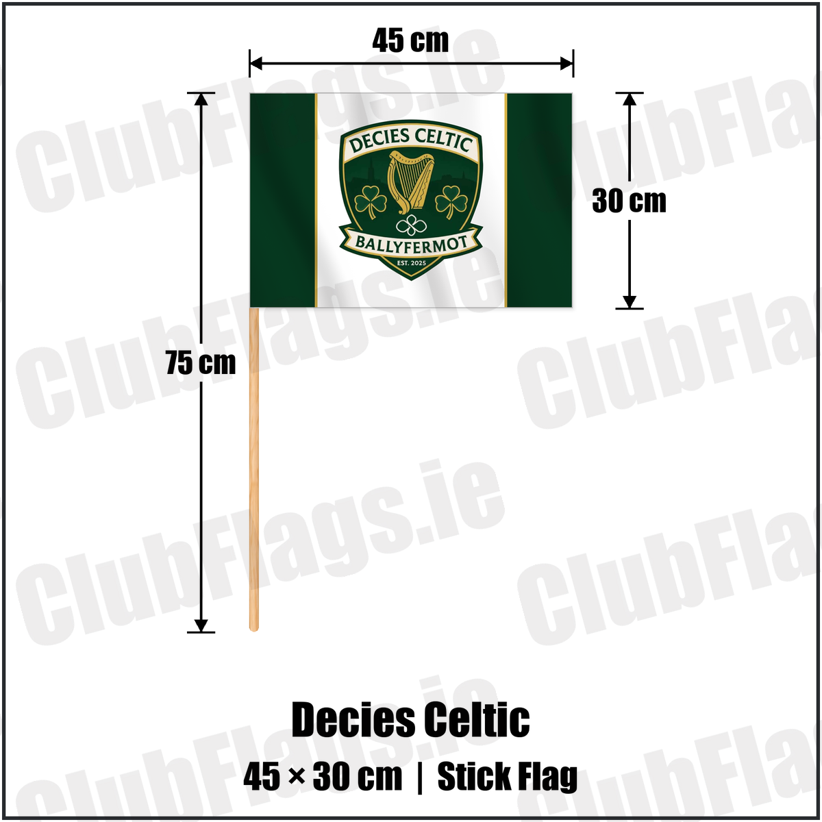 Decies Celtic 30cm x 45cm Stick Flag with the club crest and colours, Dublin Football - ClubFlags.ie
