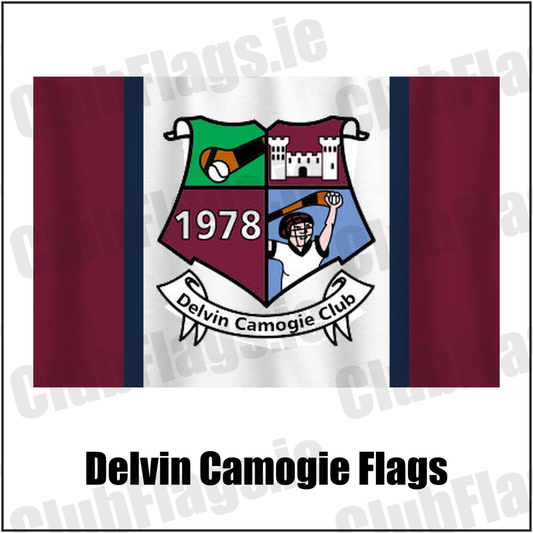 Delvin Camogie Flags, featuring the club crest and maroon and white and navy colours; County Westmeath camogie. ClubFlags.ie.