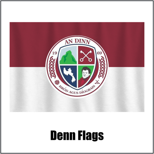 Denn Flags, featuring the club crest and maroon and white colours; County Cavan GAA. ClubFlags.ie.