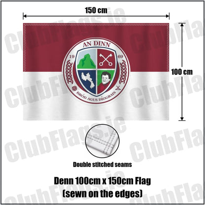 Denn 100cm x 150cm Flag (sewn on the edges) in maroon and white, featuring the club crest on realistic fabric with gentle vertical folds; County Cavan GAA. ClubFlags.ie.