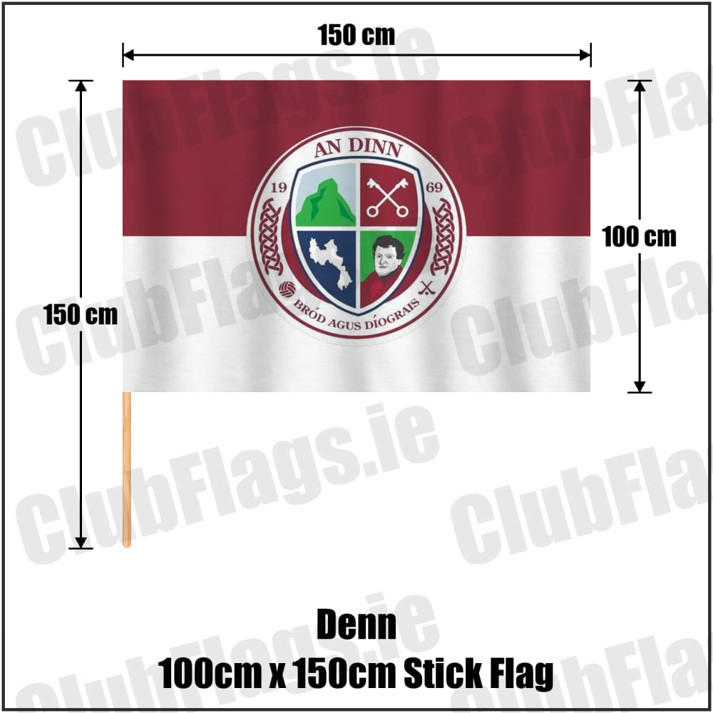 Denn 100cm x 150cm Stick Flag in maroon and white, featuring the club crest on realistic fabric with gentle vertical folds; County Cavan GAA. ClubFlags.ie.