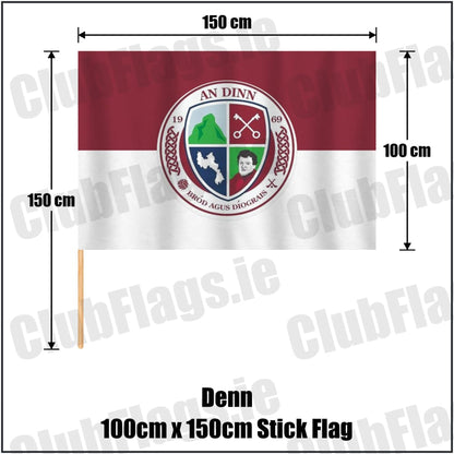 Denn 100cm x 150cm Stick Flag in maroon and white, featuring the club crest on realistic fabric with gentle vertical folds; County Cavan GAA. ClubFlags.ie.