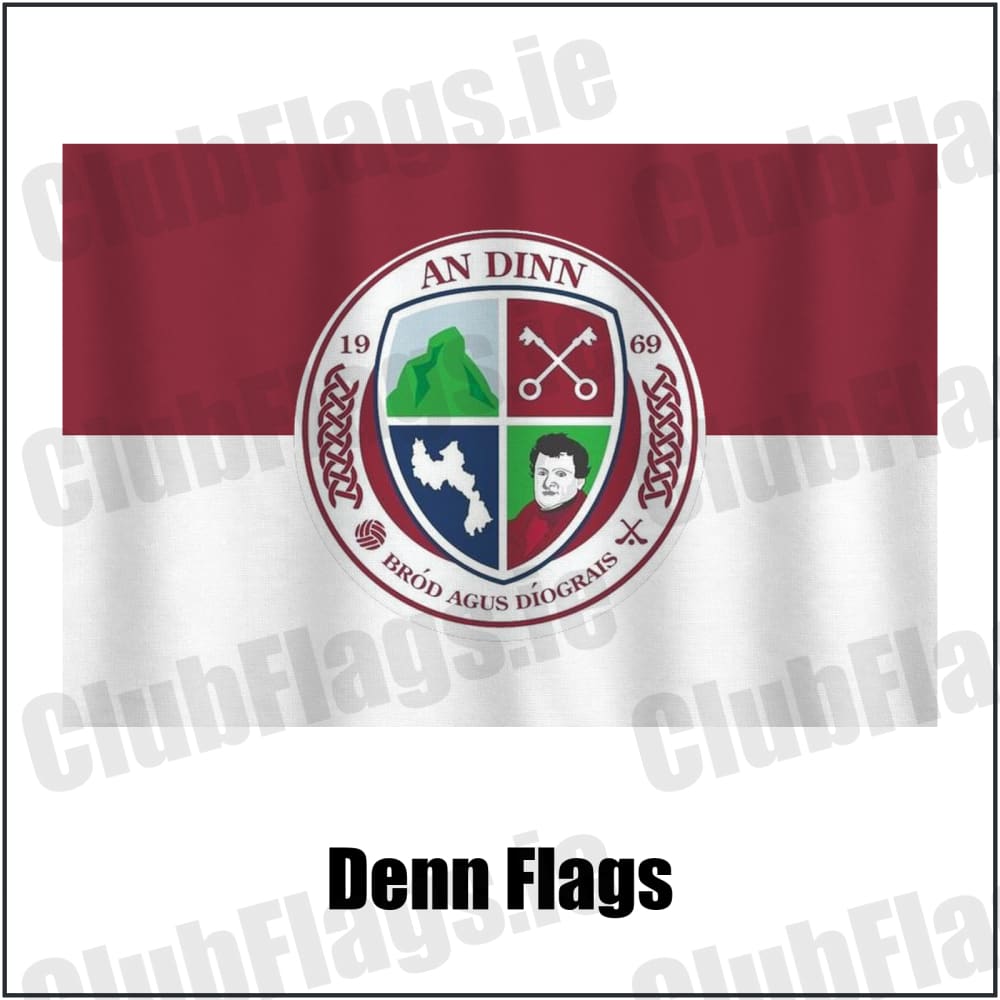 Denn Flags in maroon and white, featuring the club crest on realistic fabric with gentle vertical folds; County Cavan GAA. ClubFlags.ie.