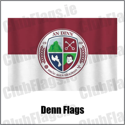 Denn Flags in maroon and white, featuring the club crest on realistic fabric with gentle vertical folds; County Cavan GAA. ClubFlags.ie.