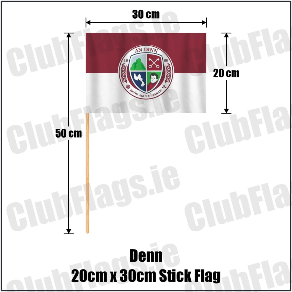Denn 20cm x 30cm Stick Flag in maroon and white, featuring the club crest on realistic fabric with gentle vertical folds; County Cavan GAA. ClubFlags.ie.