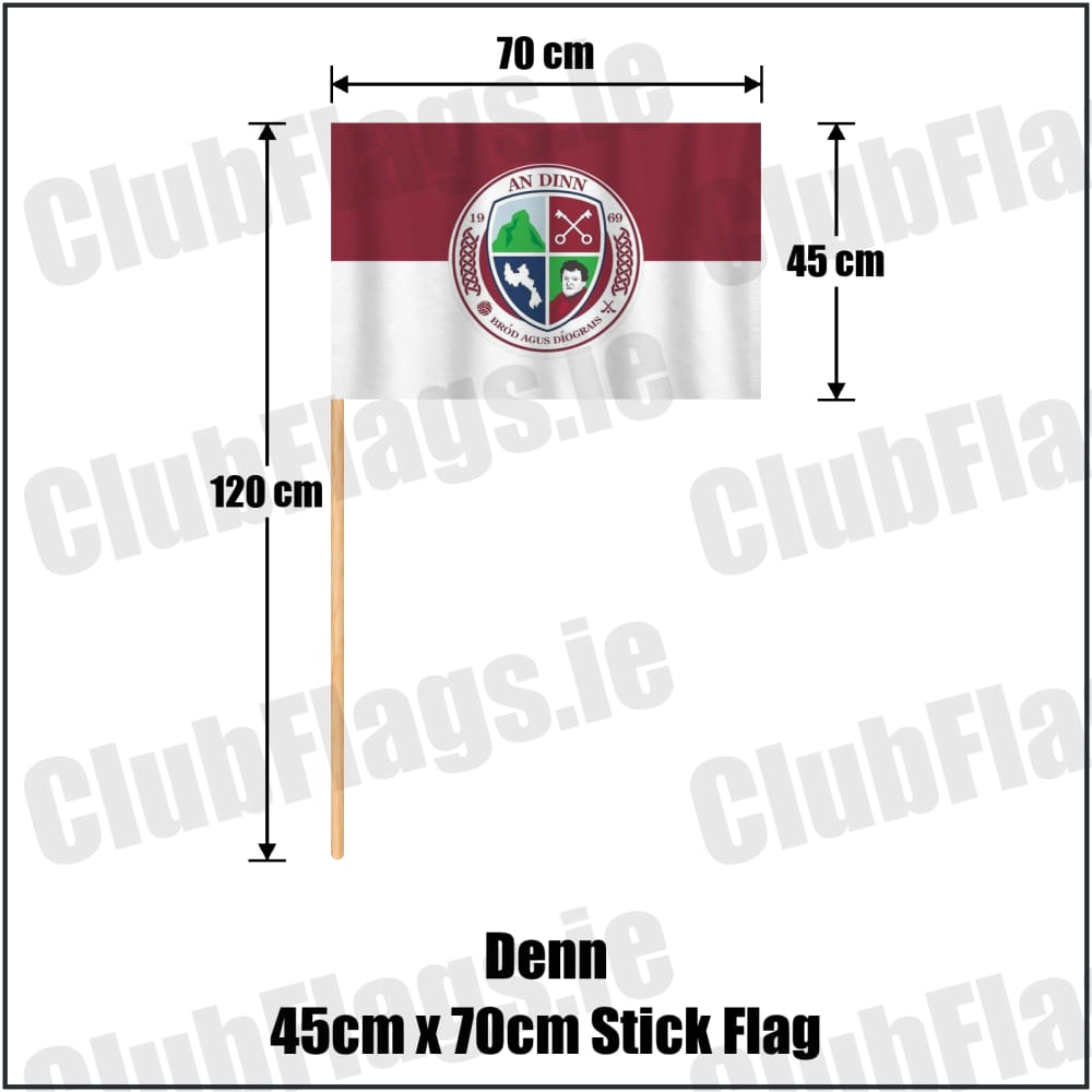Denn 45cm x 70cm Stick Flag in maroon and white, featuring the club crest on realistic fabric with gentle vertical folds; County Cavan GAA. ClubFlags.ie.
