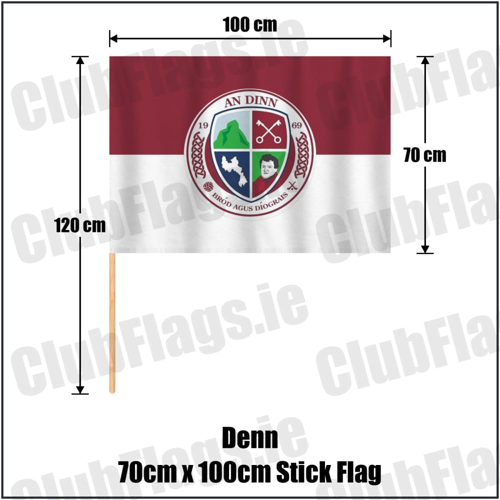 Denn 70cm x 100cm Stick Flag in maroon and white, featuring the club crest on realistic fabric with gentle vertical folds; County Cavan GAA. ClubFlags.ie.