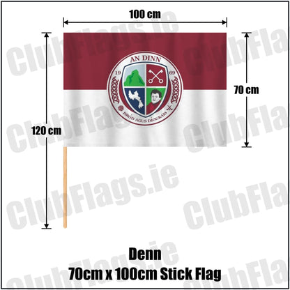 Denn 70cm x 100cm Stick Flag in maroon and white, featuring the club crest on realistic fabric with gentle vertical folds; County Cavan GAA. ClubFlags.ie.