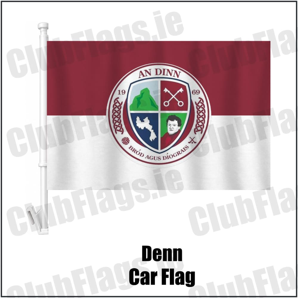 Denn Car Flag in maroon and white, featuring the club crest on realistic fabric with gentle vertical folds; County Cavan GAA. ClubFlags.ie.
