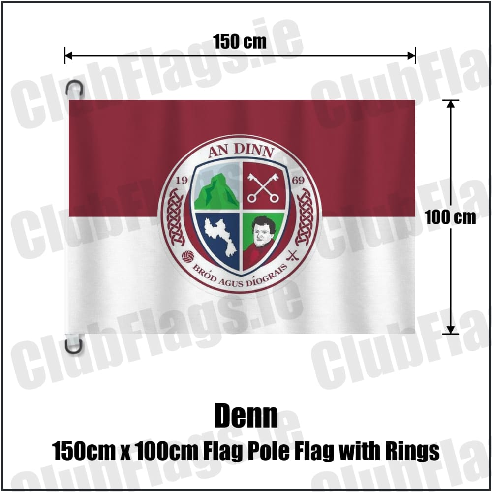 Denn 150cm x 100cm Flag Pole Flag with Rings in maroon and white, featuring the club crest on realistic fabric with gentle vertical folds; County Cavan GAA. ClubFlags.ie.