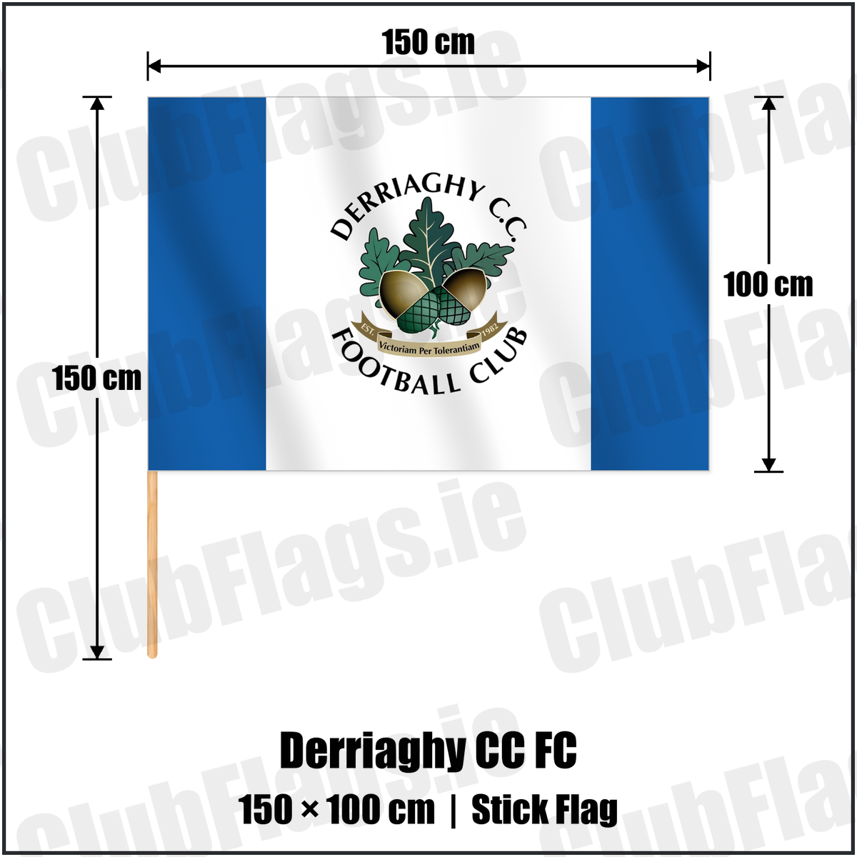 Derriaghy CC FC 100cm x 150cm Stick Flag with the club crest and colours, Antrim Football - ClubFlags.ie