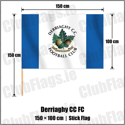 Derriaghy CC FC 100cm x 150cm Stick Flag with the club crest and colours, Antrim Football - ClubFlags.ie