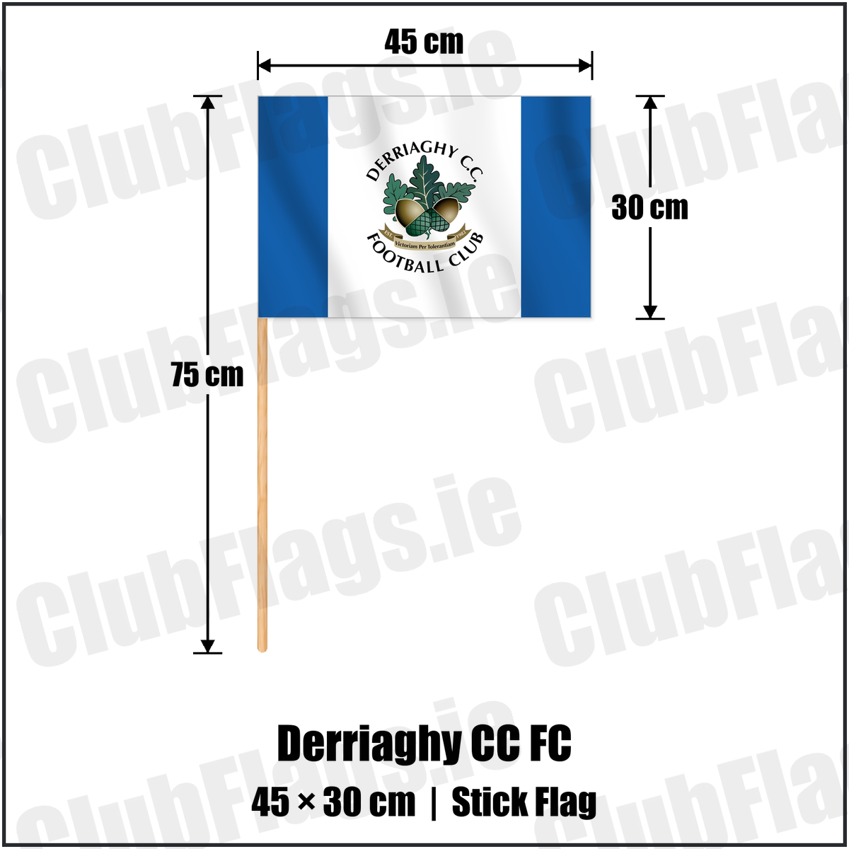 Derriaghy CC FC 30cm x 45cm Stick Flag with the club crest and colours, Antrim Football - ClubFlags.ie