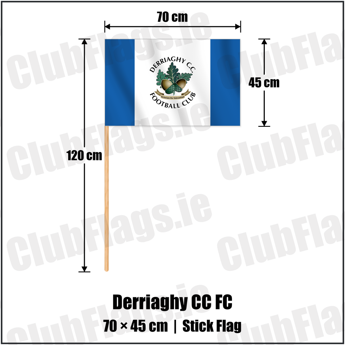 Derriaghy CC FC 45cm x 70cm Stick Flag with the club crest and colours, Antrim Football - ClubFlags.ie