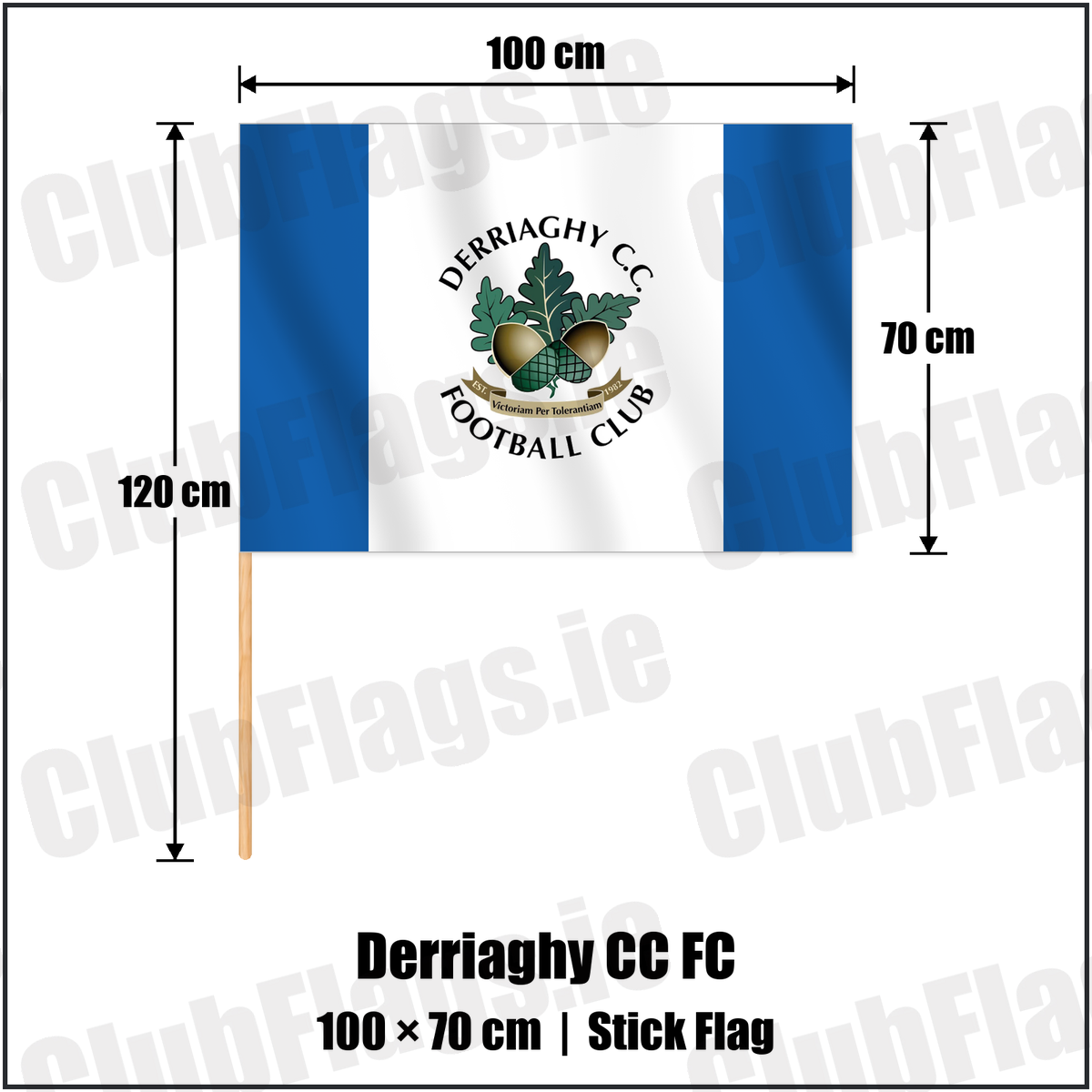 Derriaghy CC FC 70cm x 100cm Stick Flag with the club crest and colours, Antrim Football - ClubFlags.ie