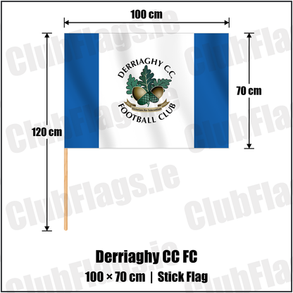 Derriaghy CC FC 70cm x 100cm Stick Flag with the club crest and colours, Antrim Football - ClubFlags.ie