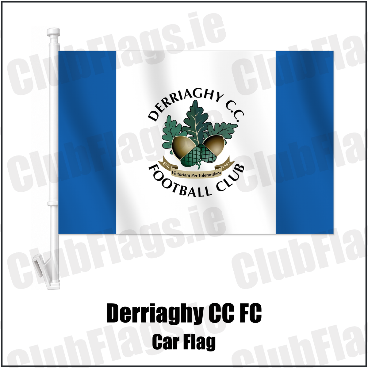 Derriaghy CC FC Car Flag with the club crest and colours, Antrim Football - ClubFlags.ie