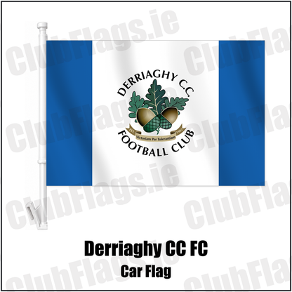 Derriaghy CC FC Car Flag with the club crest and colours, Antrim Football - ClubFlags.ie