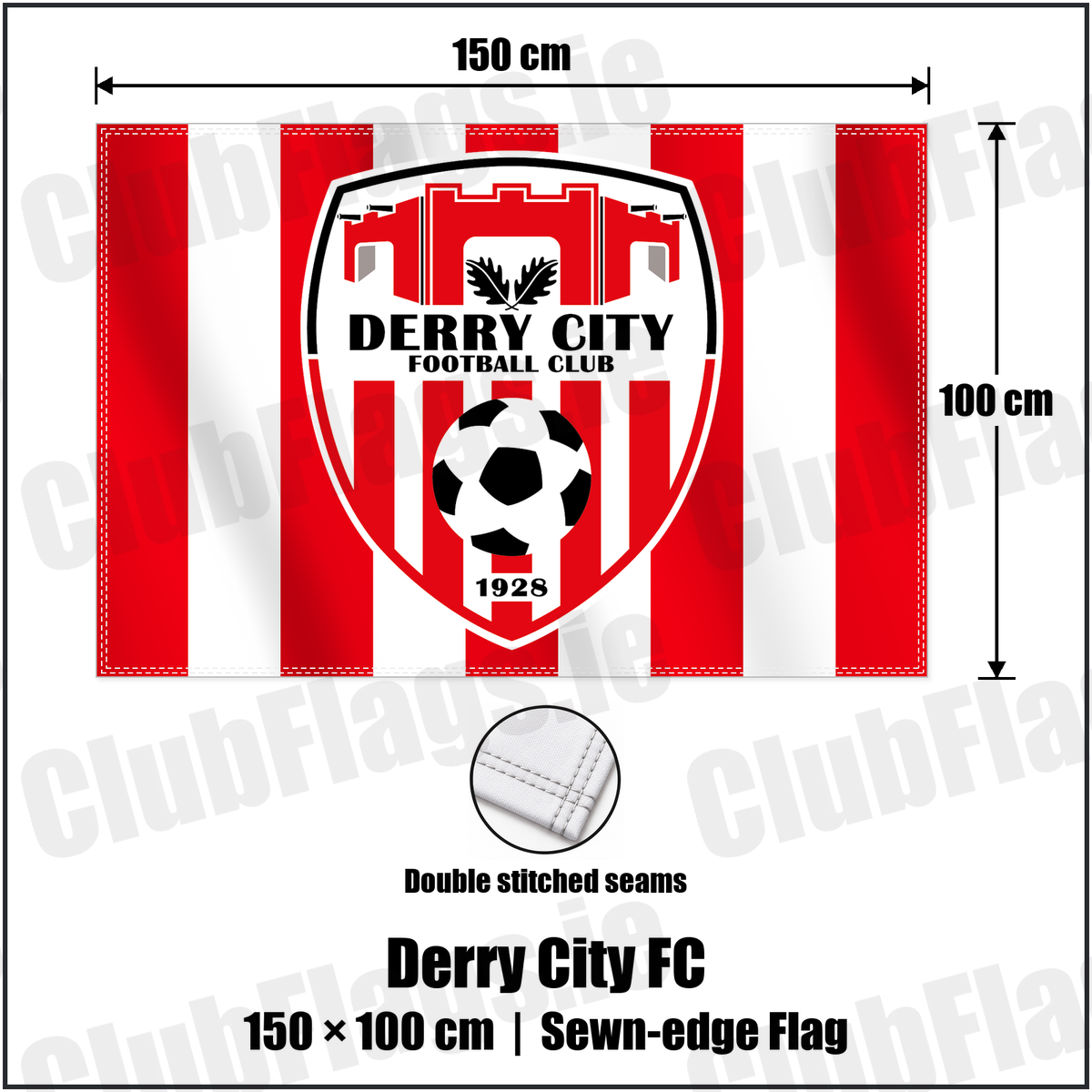 Derry City FC 100cm x 150cm Flag (sewn on the edges) with the club crest and colours, Derry Football - ClubFlags.ie