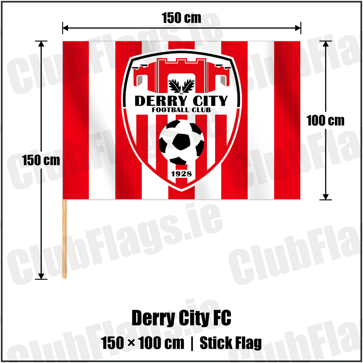 Derry City FC 100cm x 150cm Stick Flag with the club crest and colours, Derry Football - ClubFlags.ie