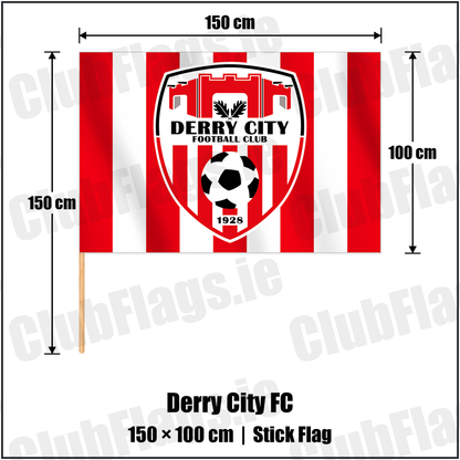 Derry City FC 100cm x 150cm Stick Flag with the club crest and colours, Derry Football - ClubFlags.ie