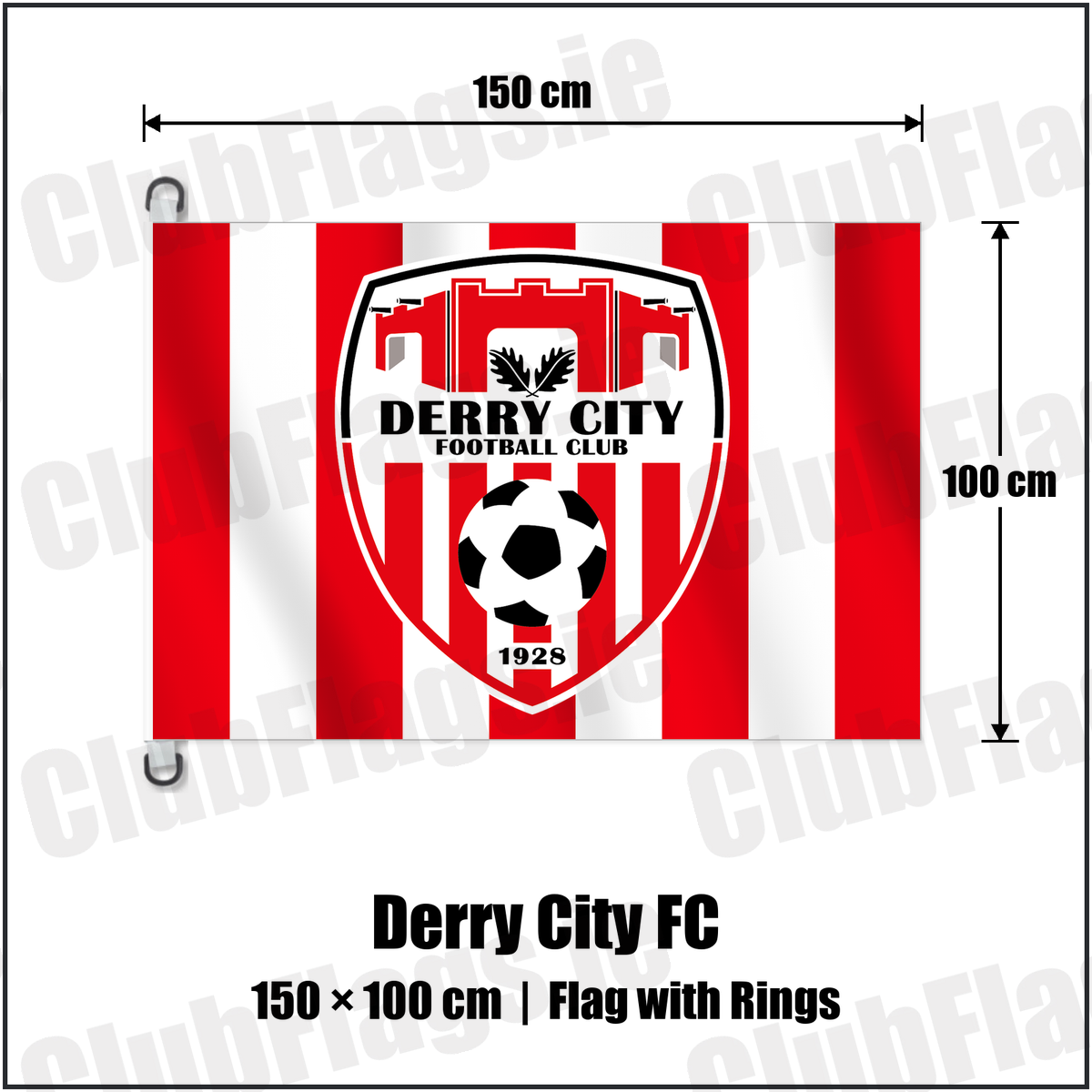 Derry City FC 150cm x 100cm Flag Pole Flag with Rings with the club crest and colours, Derry Football - ClubFlags.ie