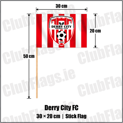 Derry City FC 20cm x 30cm Stick Flag with the club crest and colours, Derry Football - ClubFlags.ie