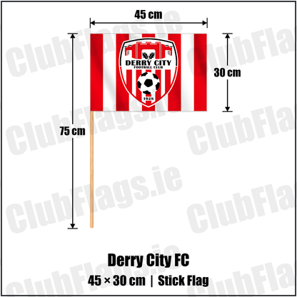 Derry City FC 30cm x 45cm Stick Flag with the club crest and colours, Derry Football - ClubFlags.ie