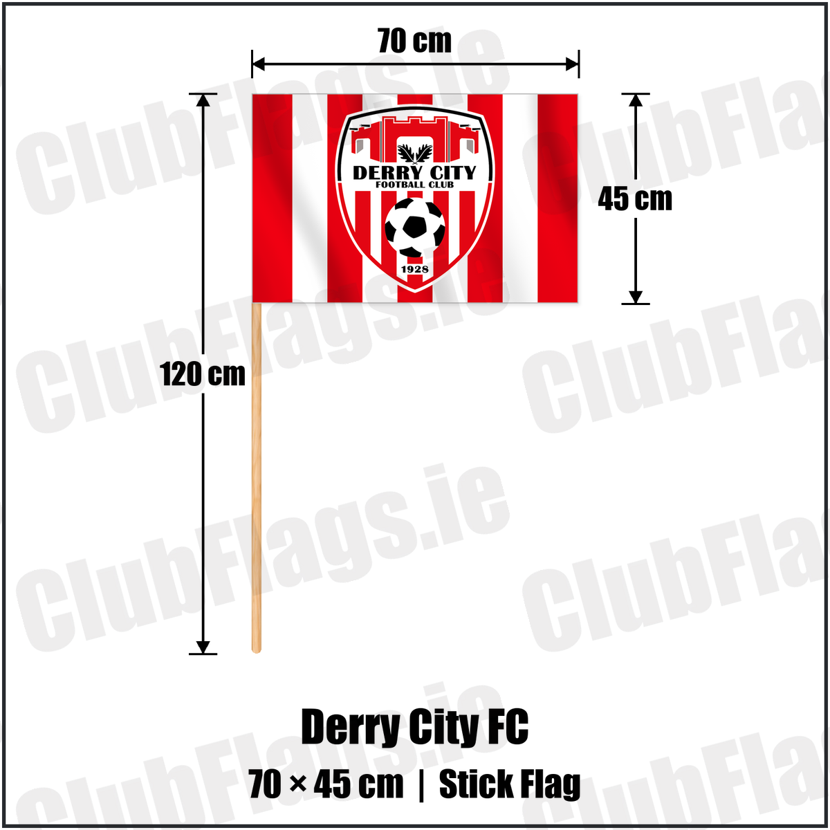 Derry City FC 45cm x 70cm Stick Flag with the club crest and colours, Derry Football - ClubFlags.ie