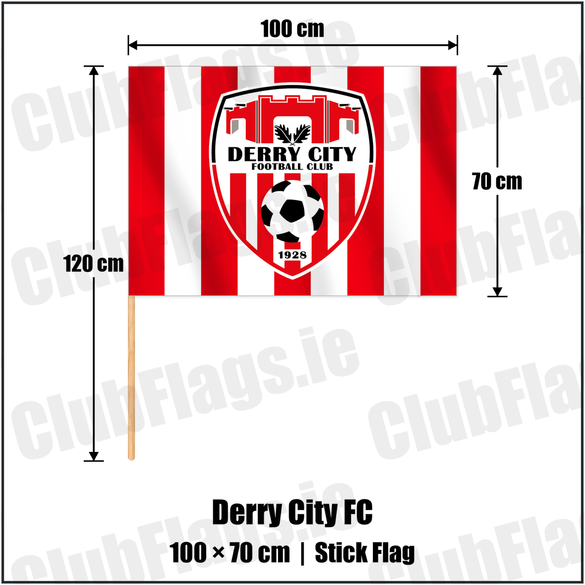 Derry City FC 70cm x 100cm Stick Flag with the club crest and colours, Derry Football - ClubFlags.ie