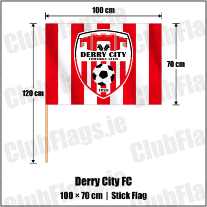 Derry City FC 70cm x 100cm Stick Flag with the club crest and colours, Derry Football - ClubFlags.ie