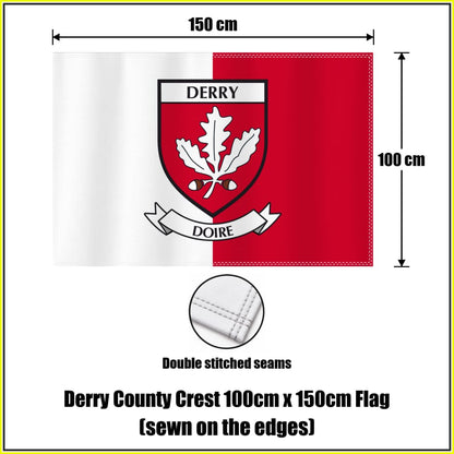 Derry county crest 100 × 150 cm sewn-edge flag in white and red, with dimension arrows and a double-stitch seam close-up.