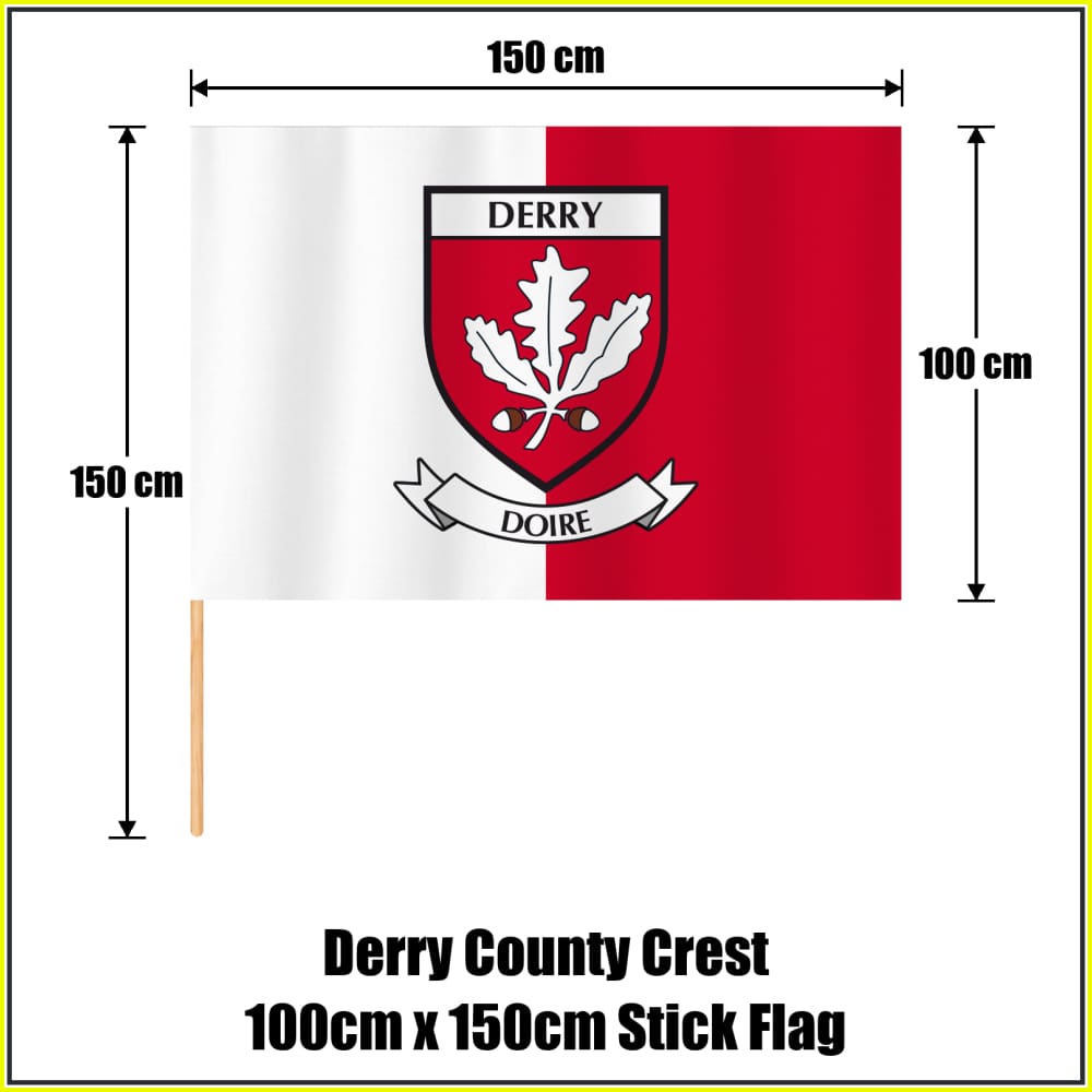 Derry county crest 100 × 150 cm stick flag in white and red, with a 150 cm wooden stick and dimension arrows.