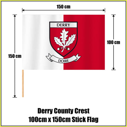 Derry county crest 100 × 150 cm stick flag in white and red, with a 150 cm wooden stick and dimension arrows.