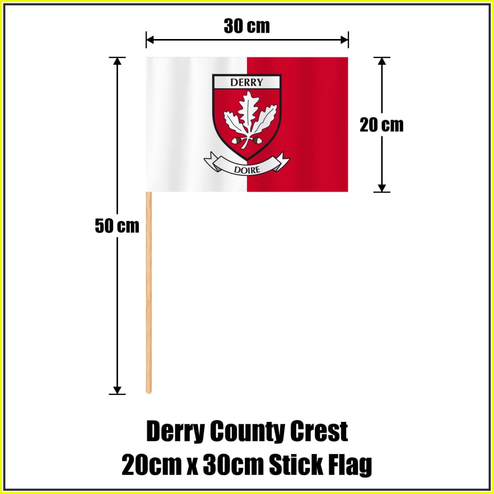 Derry county crest 20 × 30 cm stick flag in white and red, with a 50 cm wooden stick and dimension arrows.