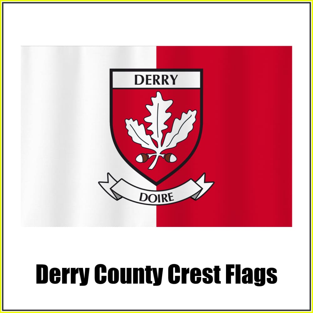 Derry county crest flag in white and red, with county name and crest.